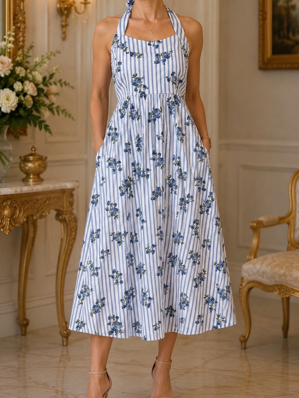 Laura Ashley Blue and White Striped Halter Midi Dress NWT